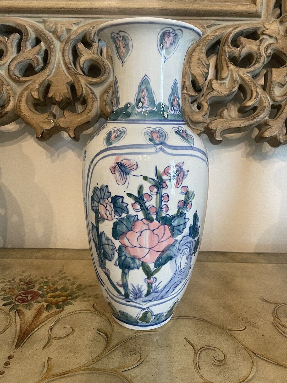 Vintage Chinoiserie 14” Vase - Blue, White, And Pink
