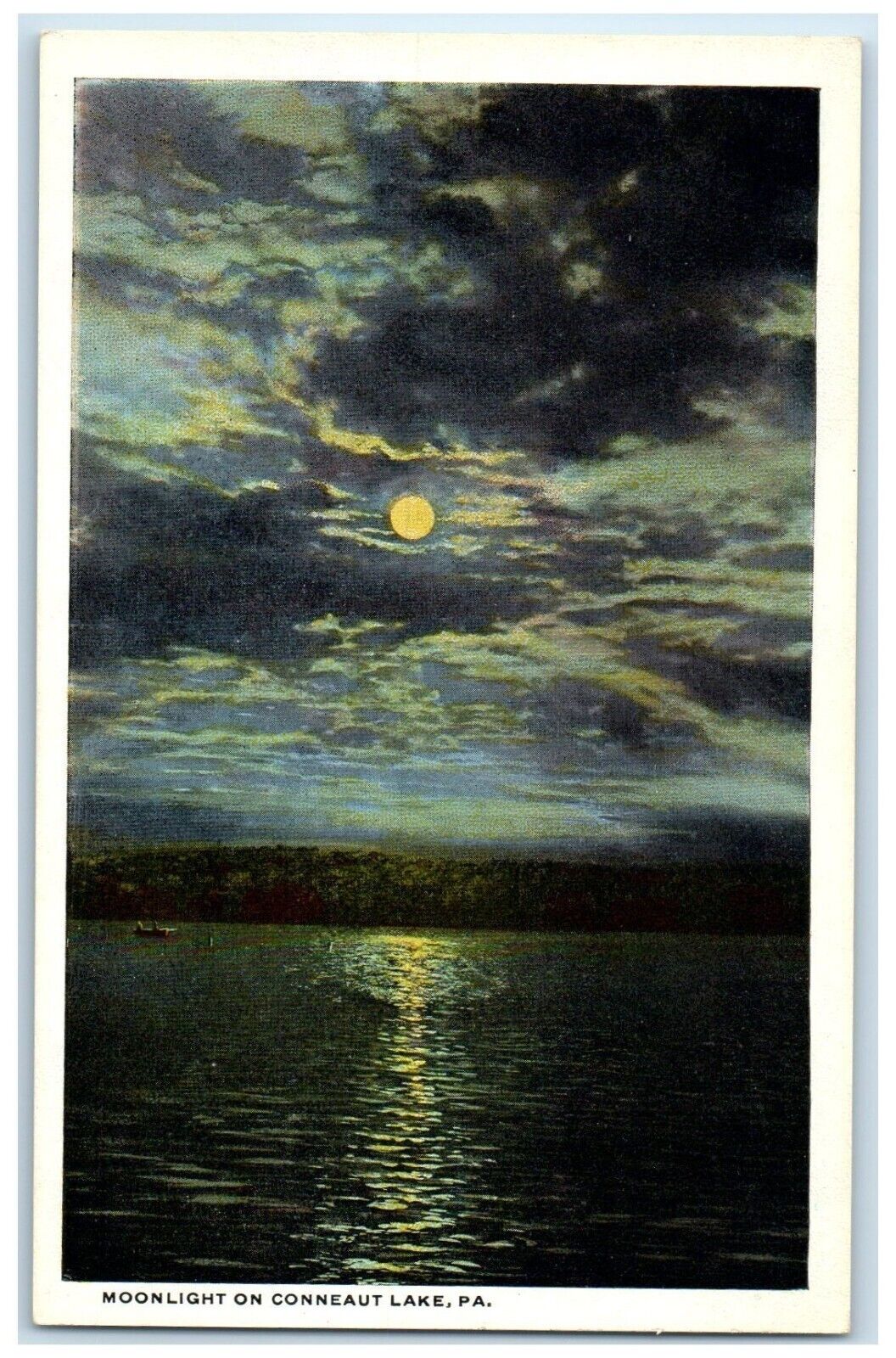 c1930's Moonlight Scene On Conneaut Lake Pennsylvania PA Vintage Postcard