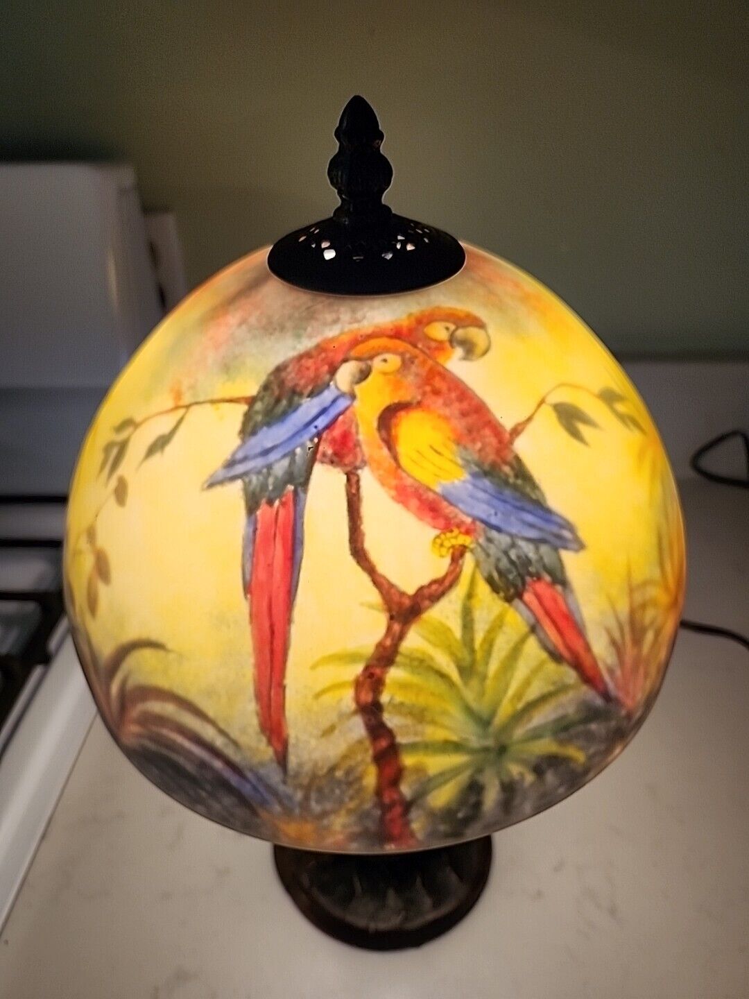 Vintage Reverse Painted Parrot Lamp Pineapple Base