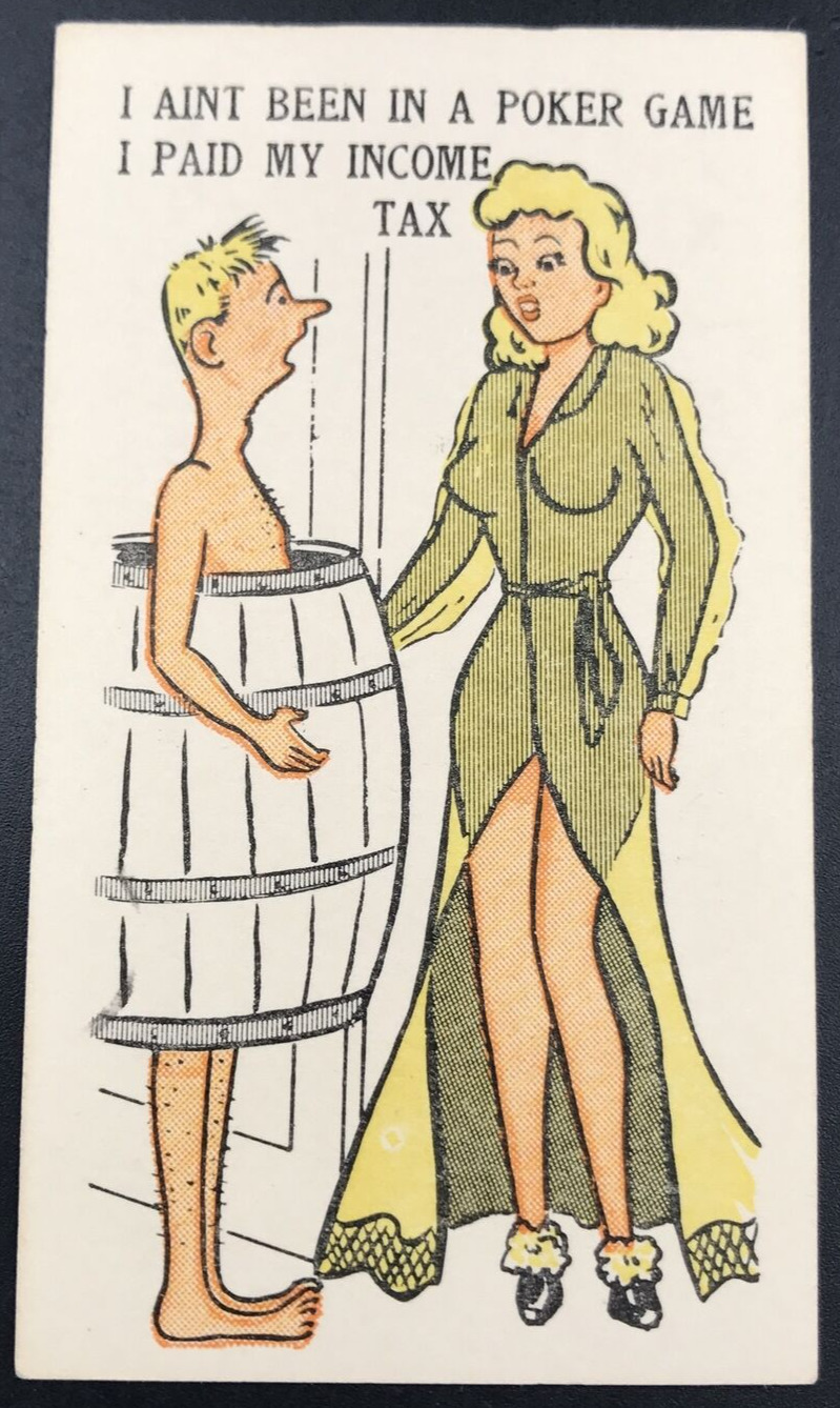 c1940s-50s State Hill Beer Garden PA Risque Poker & Taxes Comic Ad Trade Card