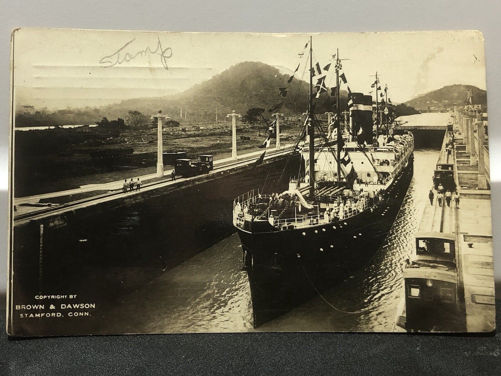 Postcard Passenger Ship Panama Canal Lock Brown and Dawson 1915 Real Photo