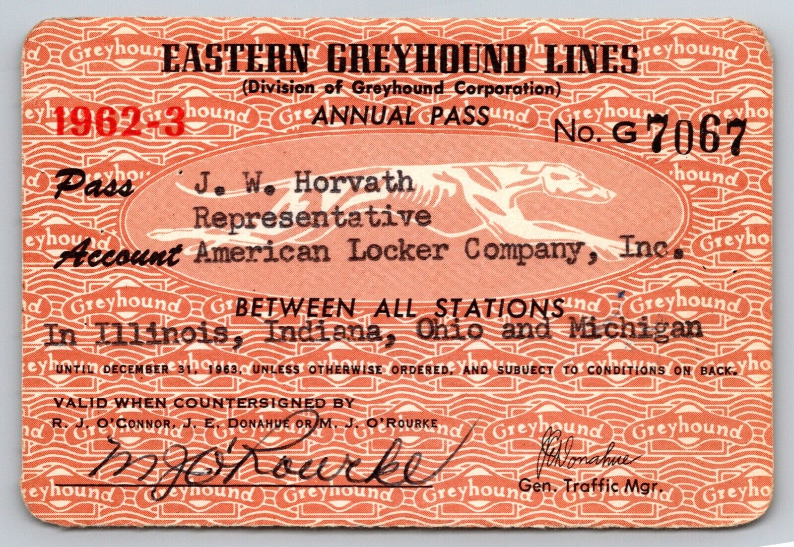 Eastern Greyhound Lines 1962-63 Annual / Yearly Bus Pass #7067