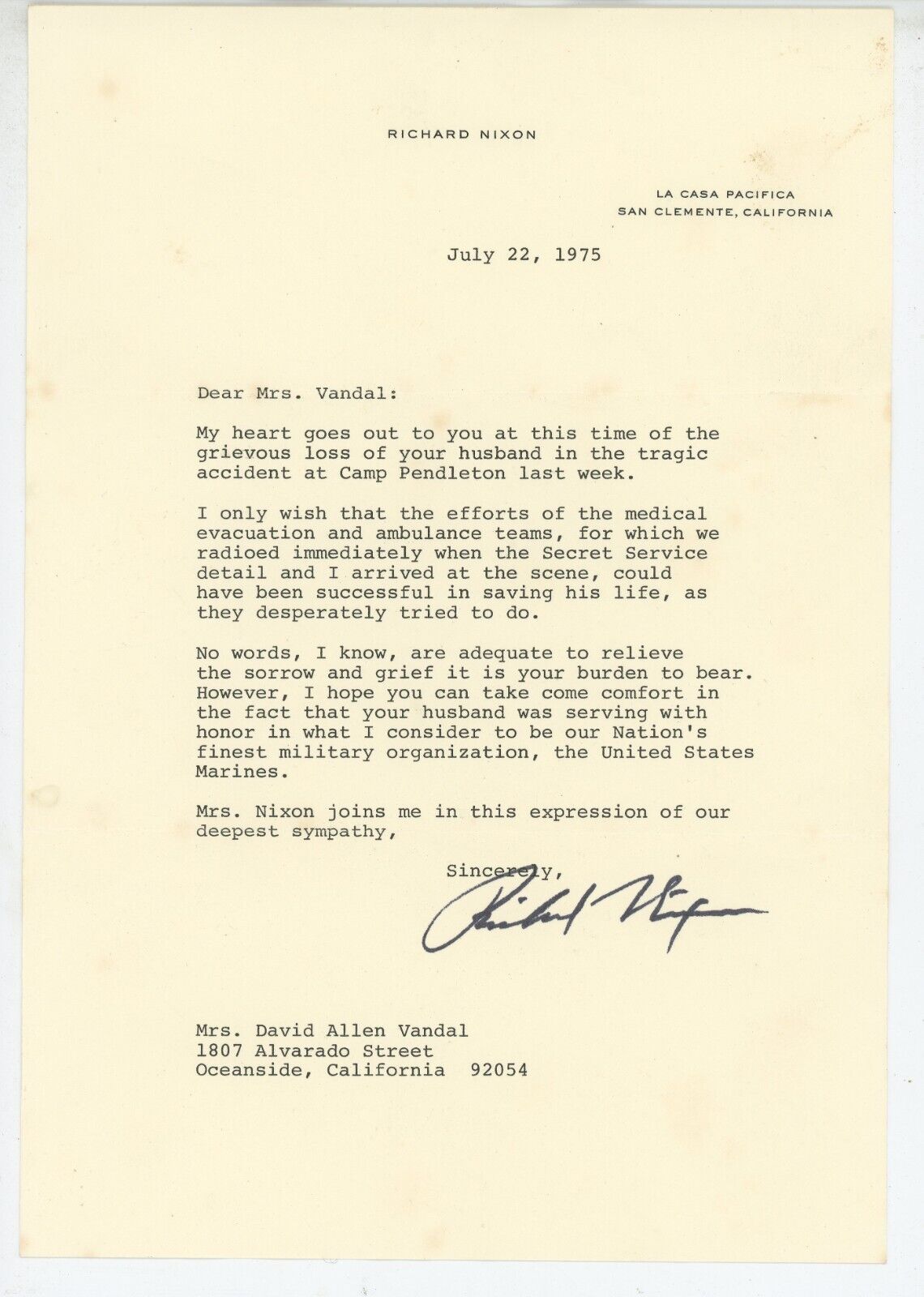 Richard Nixon Personal Letter Written after Aiding Marines at Wreck 1975
