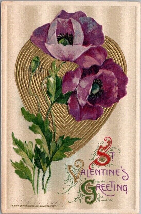 Vintage Winsch ST. VALENTINE\'S GREETING Embossed Postcard Purple Flowers / 1912