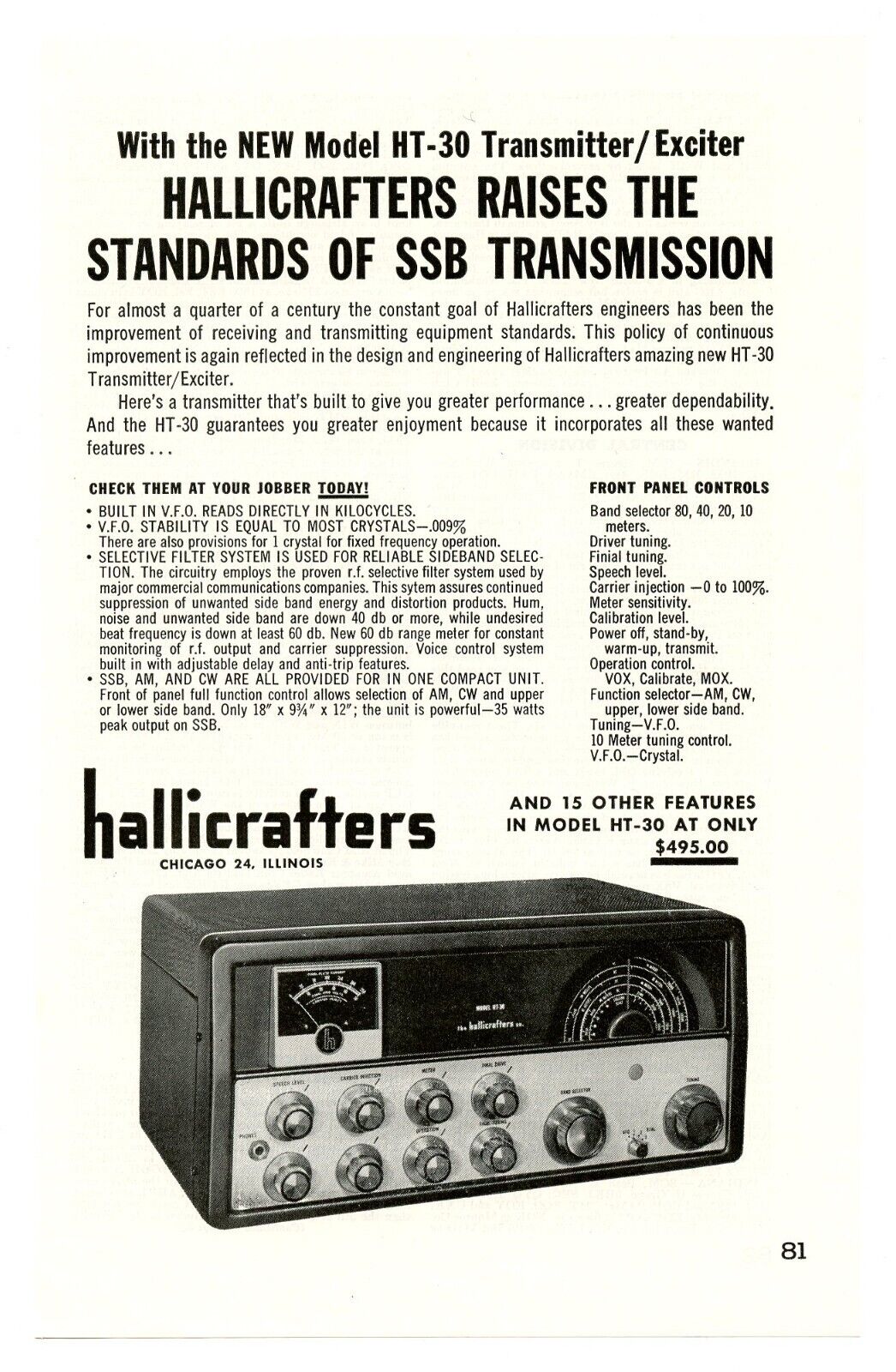 QST Ham Radio Mag. Ad HALLICRAFTERS NEW HT-30 Transmitter/Exciter (10/56)
