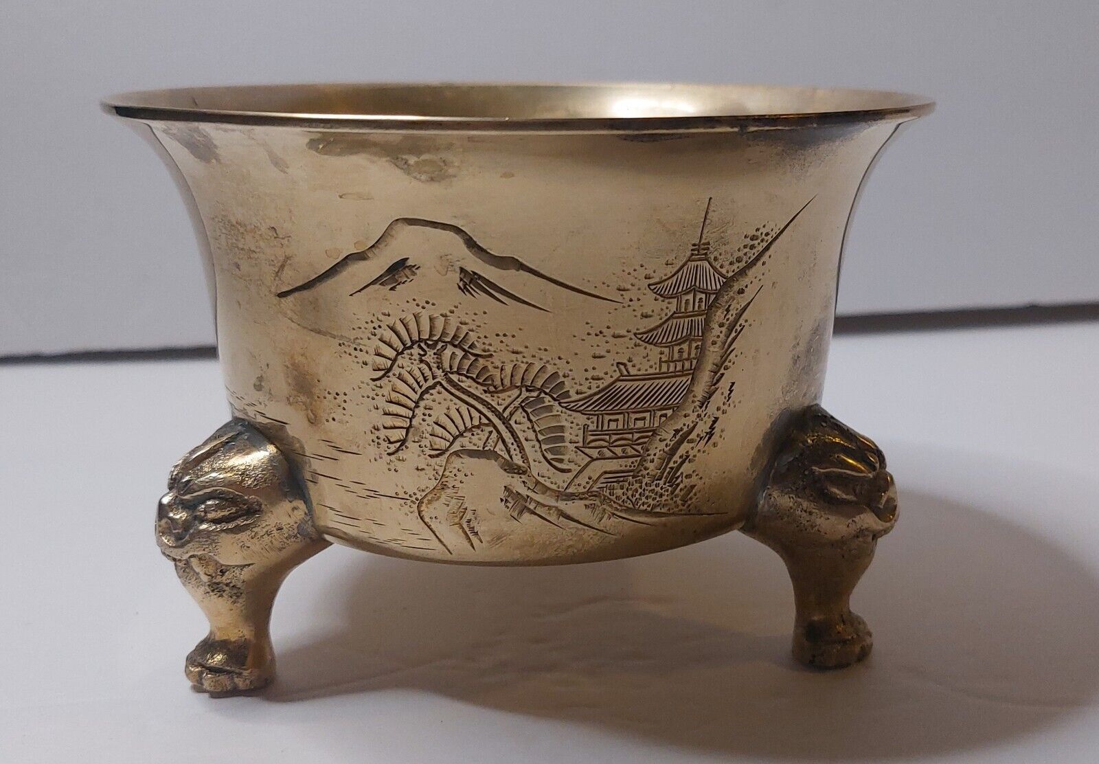 Vintage Heavy Brass Pot Footed Chinese, Engraving (See Pictures) Collectable#406