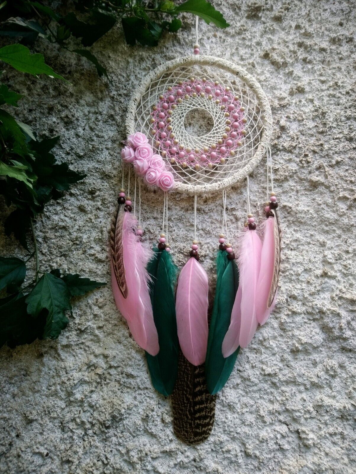 Delicate pink original dream catcher roses lace natural feathers home decor