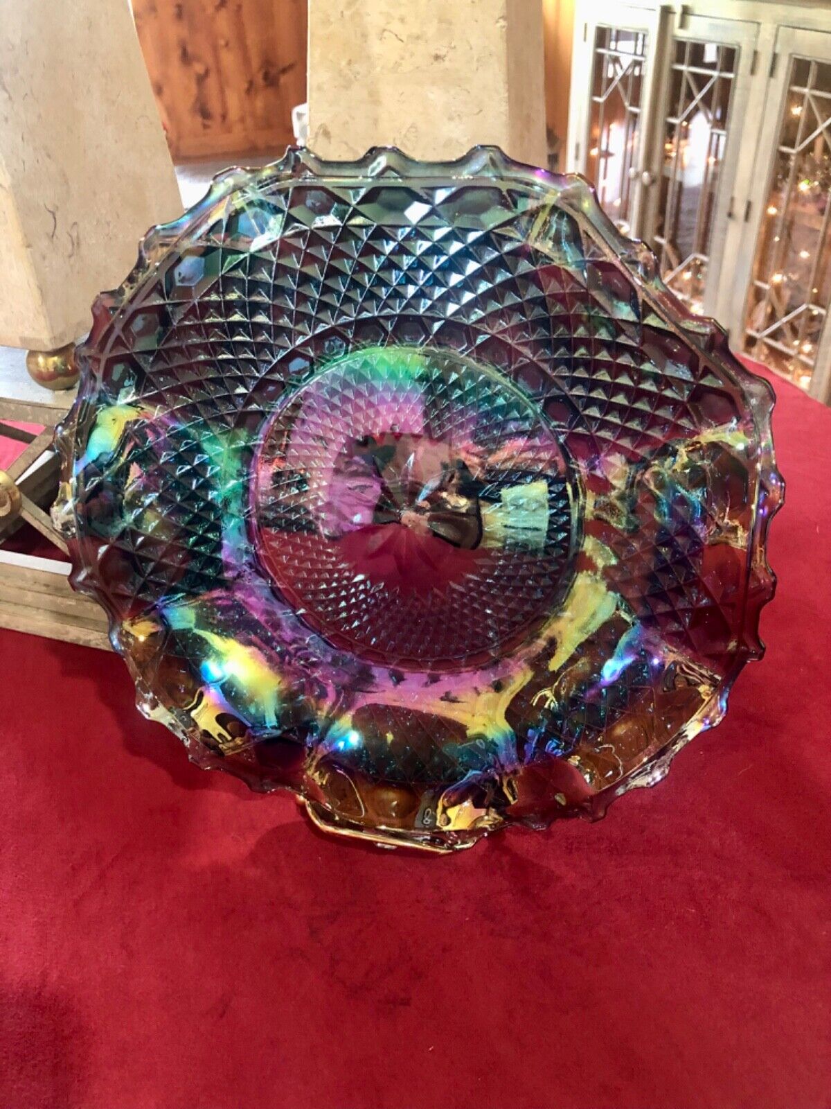 Vintage Indiana Glass Blue Iridescent Carnival Glass Diamond Pattern Bowl