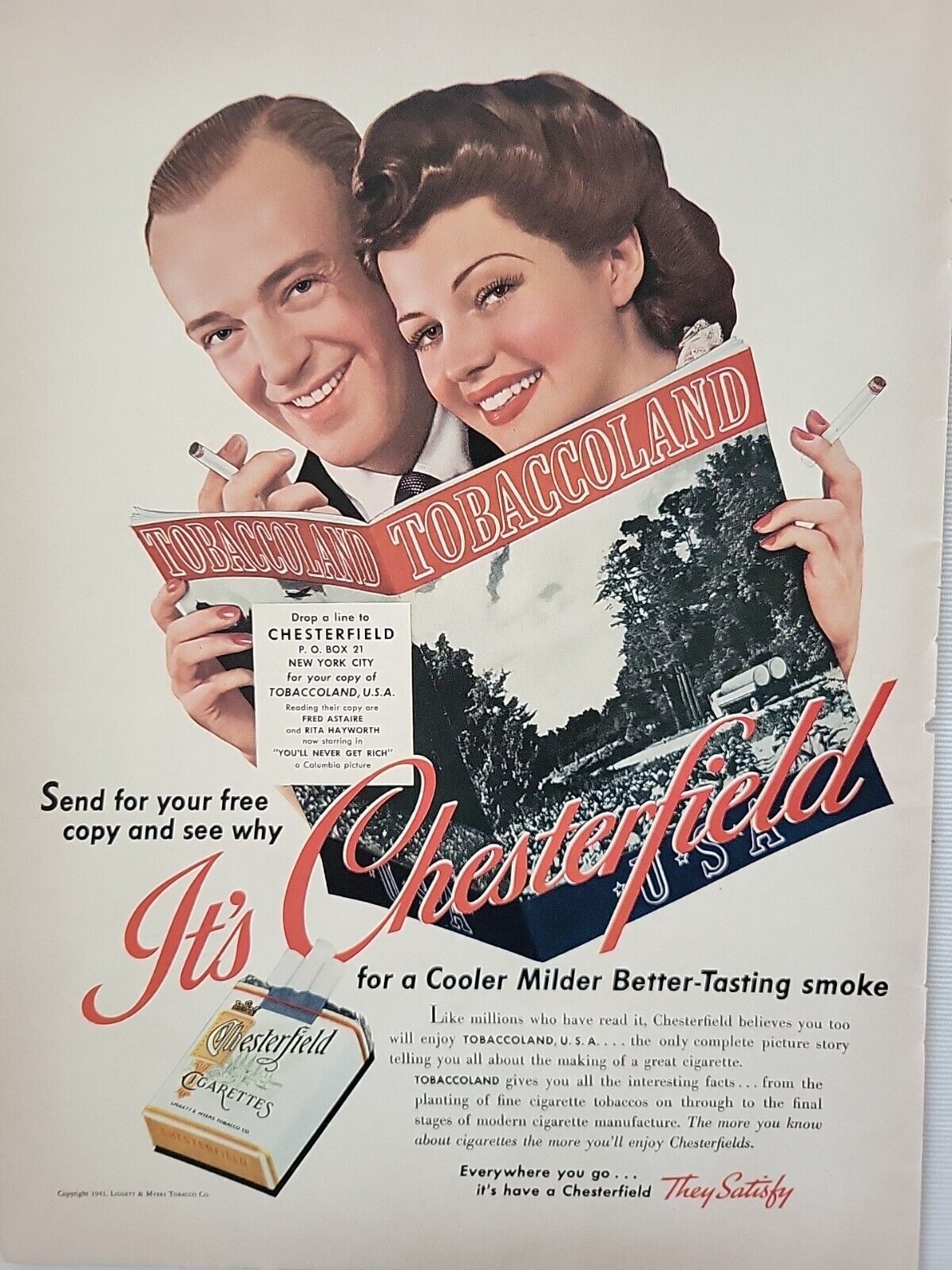 1941 Chesterfield Cigarettes Print Advertising Astaire Hayworth LIFE color
