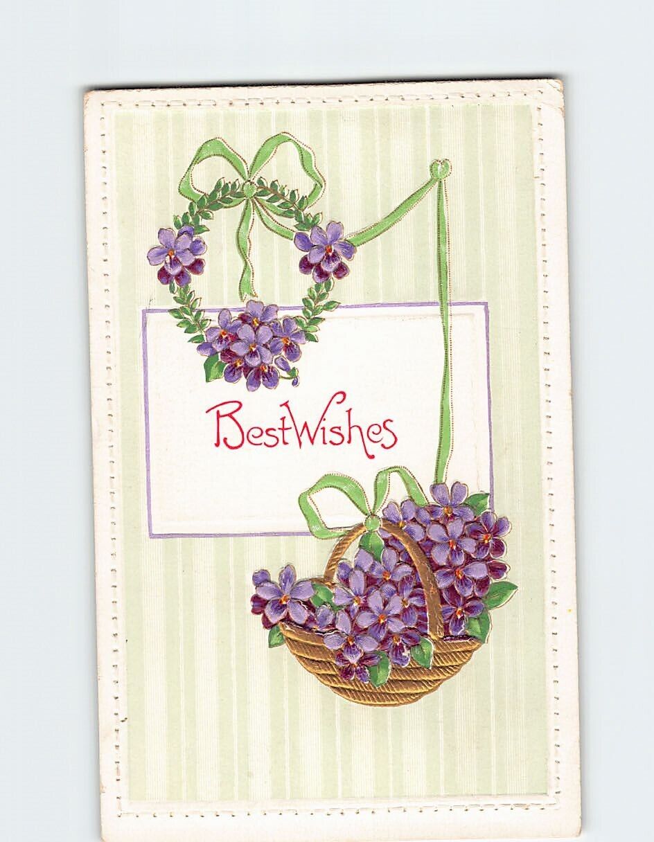 Postcard Best Wishes Flower Art Print Embossed Card