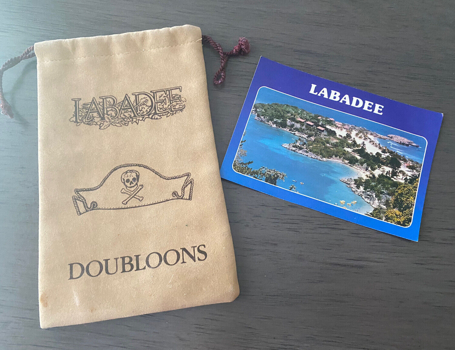 VINTAGE Labadee Caribbean Postcard and Tan Doubloons Drawstring Bag 1980'S