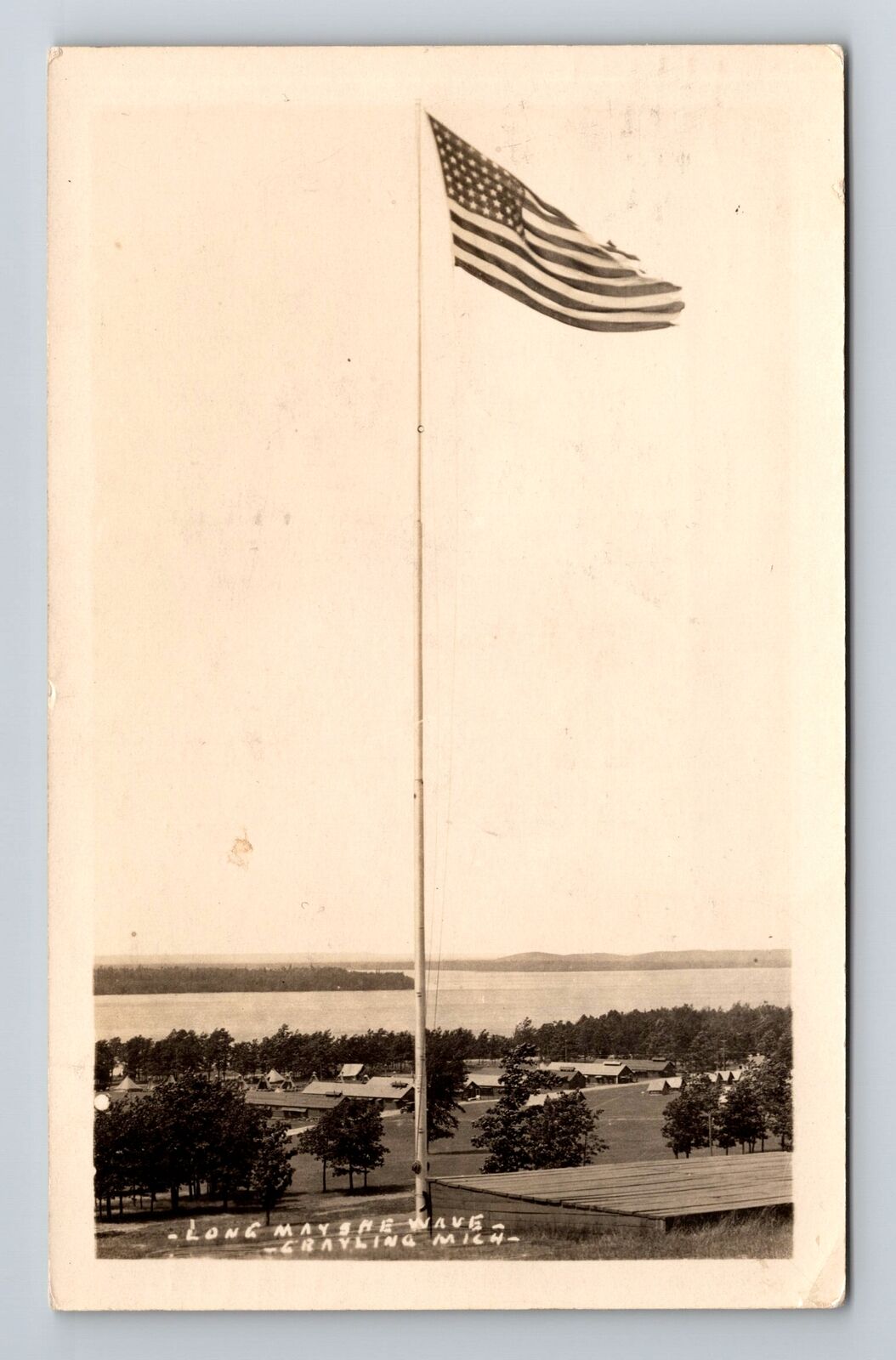 Grayling MI-Michigan RPPC, Scenic Water View, Flag, Real Photo c1947 Postcard