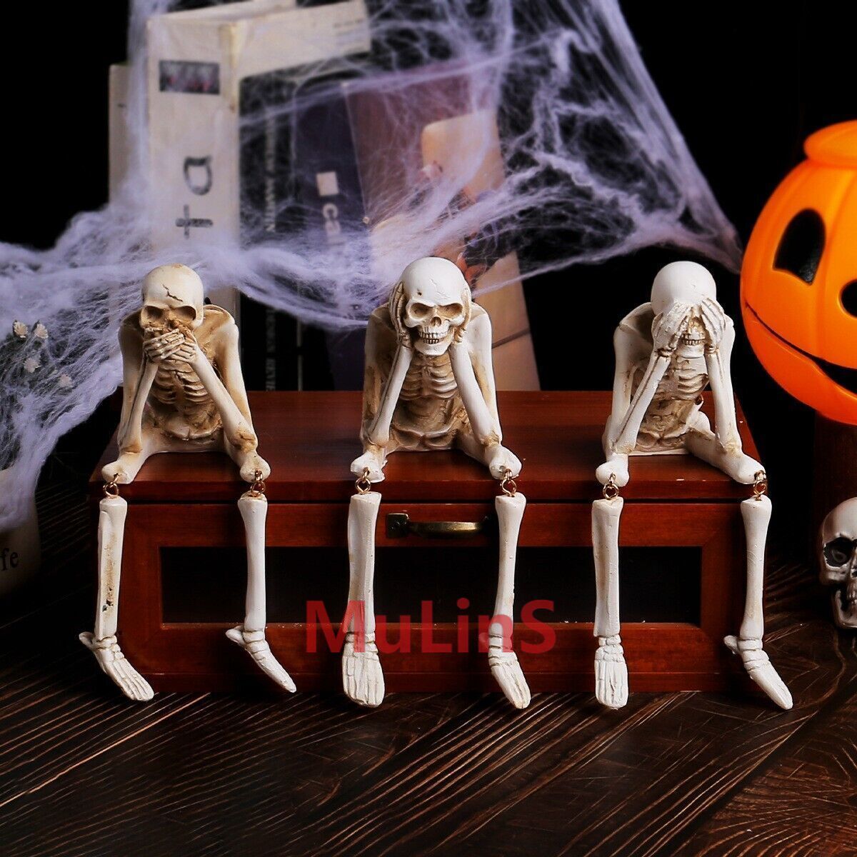 3pcs Halloween Decor: Skeleton Resin Ornaments - Spooky Festival Ambience