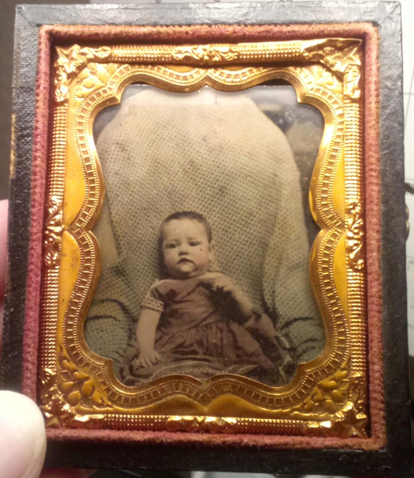Vintage Old Hand Painted Ambrotype Photo of Victorian Baby Girl + Half Case 