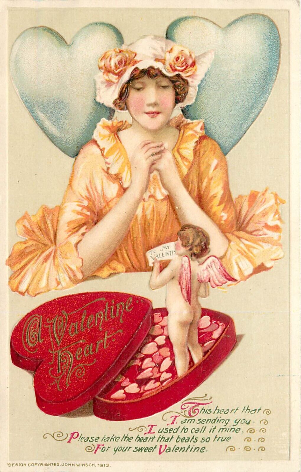 Winsch Schmucker Embossed Valentine Postcard Lovely Woman Gets Box of Candy