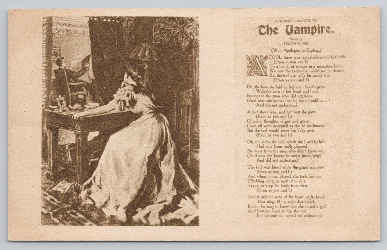 The Vampire A Woman\'s Answer Poem by Felicia Blake Vintage Postcard c1910