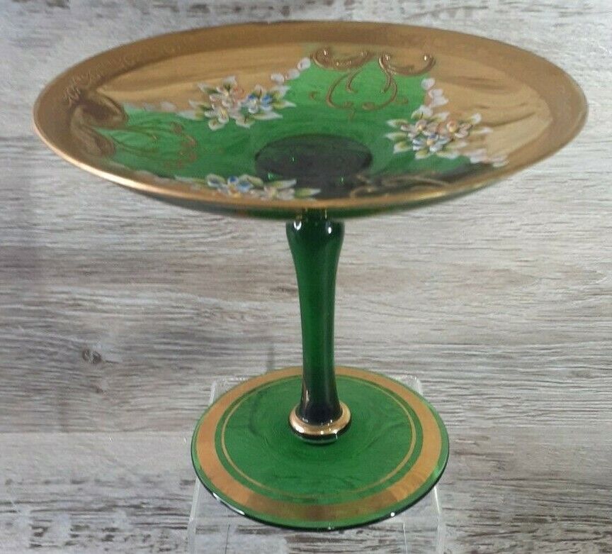 VTG Trefuoci Venetian 24K Gold Leaf Hand Enamel Emerald Green Glass Stem Compote