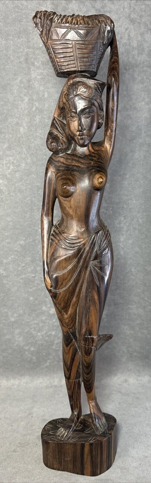 Vintage Indonesian Bali Statue Woman Carved Wood Sculpture 18” Tall