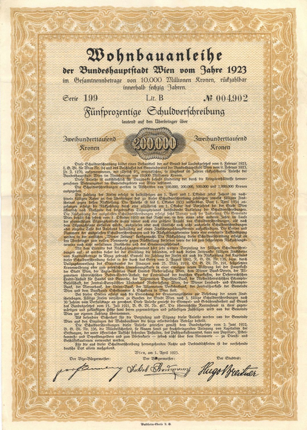 Austrian Bond - 1923 dated 200,000 Austrian Kronen - Foreign Bonds