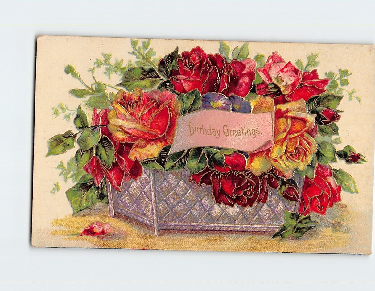 Postcard Best Wishes Flowers in a Basket Art Print Embossed Card