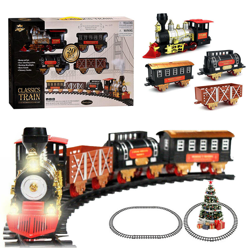 Classic Christmas Train And Track Set With Light Sound Smoke Kids Holiday Toy