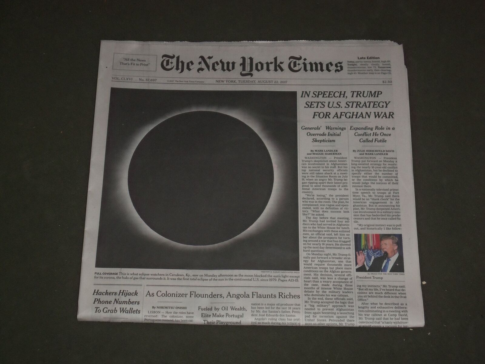 2017 AUGUST 22 NEW YORK TIMES-TRUMP STRATEGY FOR AFGHAN WAR-TOTAL ECLIPSE OF SUN