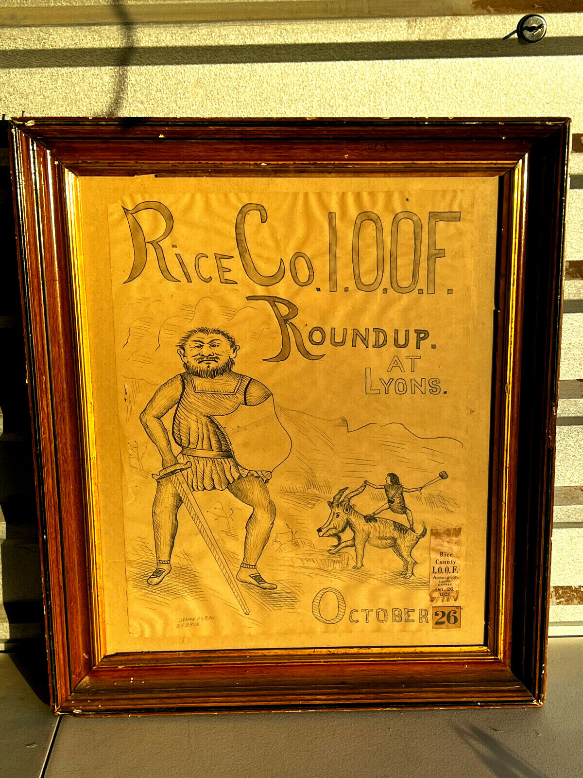Antique 1921 Odd Fellows Folk Art David and Goliath Rice Lyons Kansas KS ribbon