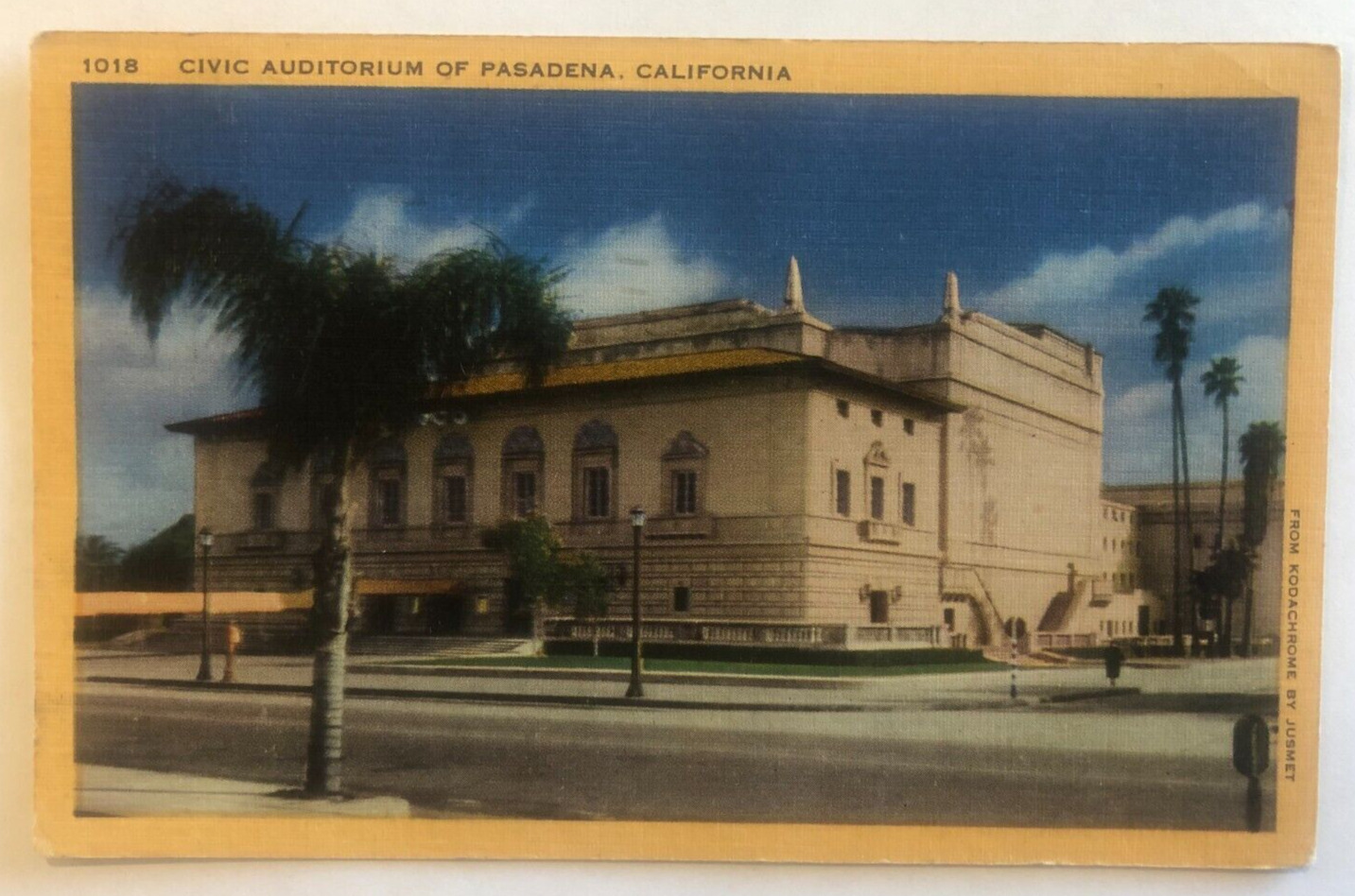 Pasadena CA, Civic Auditorium, Antique, Vintage Souvenir Postcard, Posted 1949
