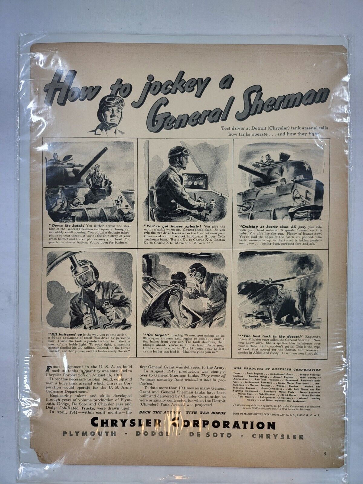 1940's Chrysler WWII How to Jockey a General Sherman Tank Home Front Print Ad