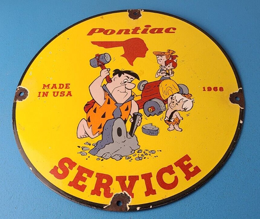 Vintage Pontiac Automobiles Sign - Flintstones Cave Man Porcelain Gas Pump Sign