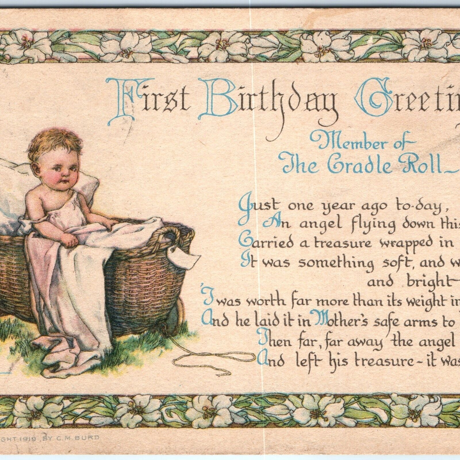 c1930s First Birthday Greeting Member of Cradle Roll Certificate Postcard A83