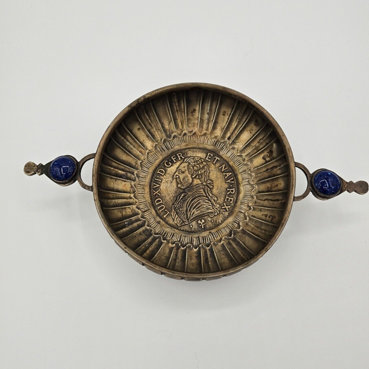 Antique Louis XVI Alpaca Silver Handled Porridge Bowl with Lapis Glass Cabochons