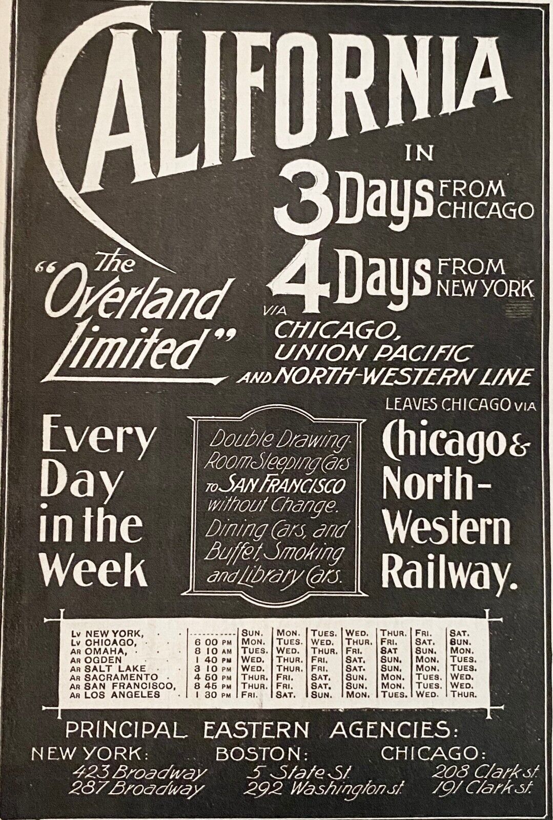 1897 THE OVERLAND LIMITED Railroad Train Schedule Vtg Travel Typography Print Ad