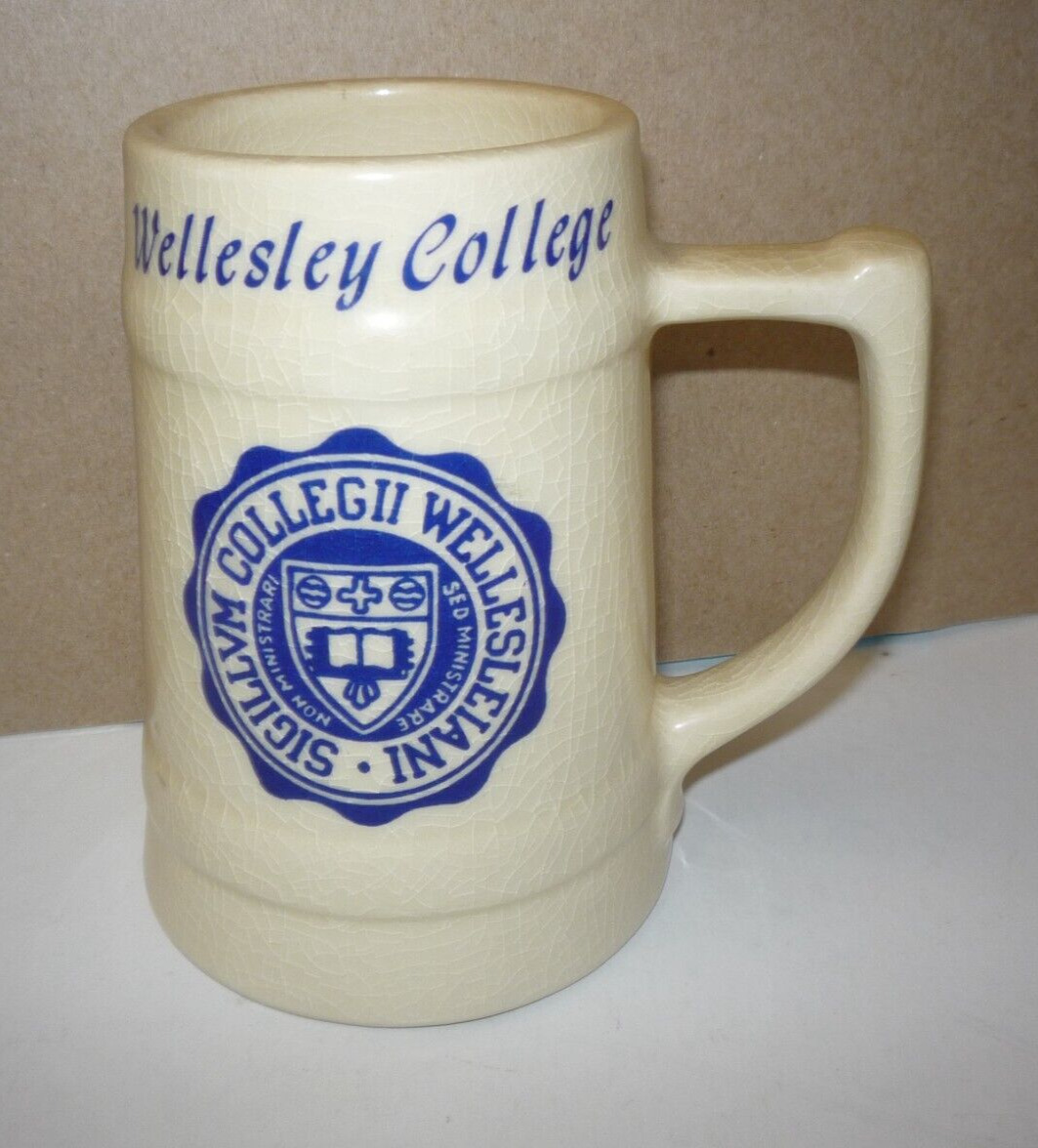 Vintage Wellesley College Ceramic 5.5 inch Tankard Mug White Beer Stein