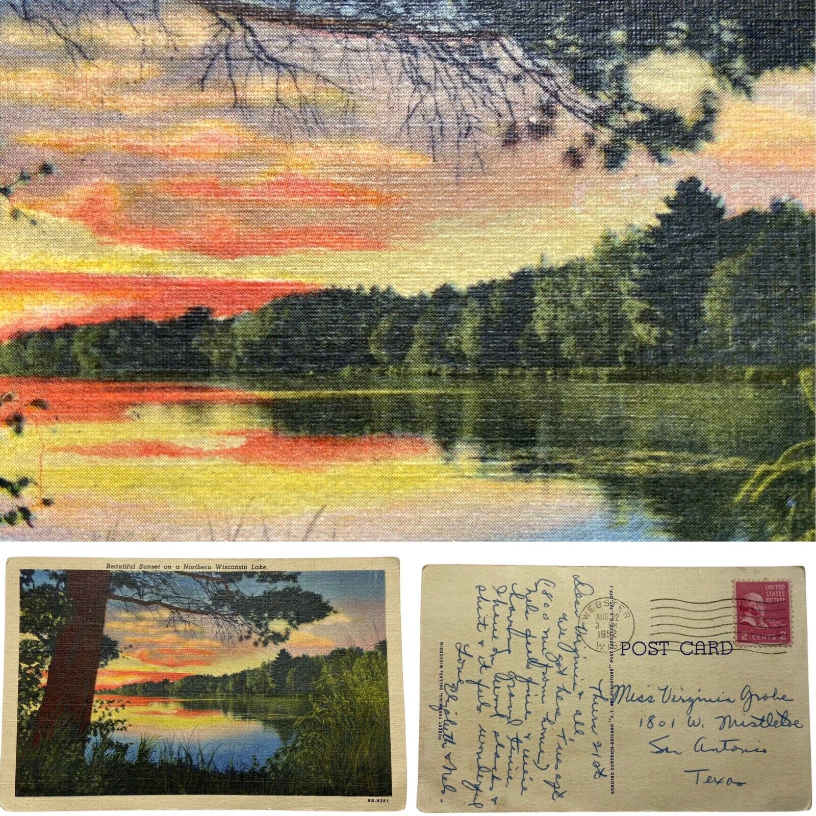 Postcard WI Beautiful Sunset on a Northern Wisconsin Lake Curt Teich Linen 1949