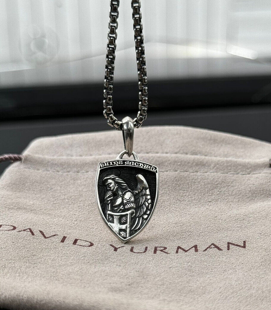 David Yurman Sterling Silver 2.7mm Box Chain Necklace w/ Saint St Michael Amulet