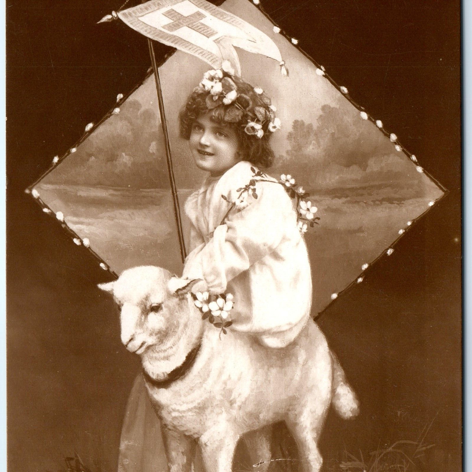 c1910s Easter Best Wishes Cute on Sheep Litho Glossy Photo Postcard Banner A66
