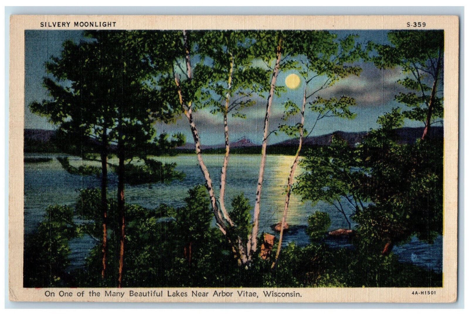 c1940's Silvery Moonlight Lake Near Arbor Vitae Wisconsin WI Vintage Postcard