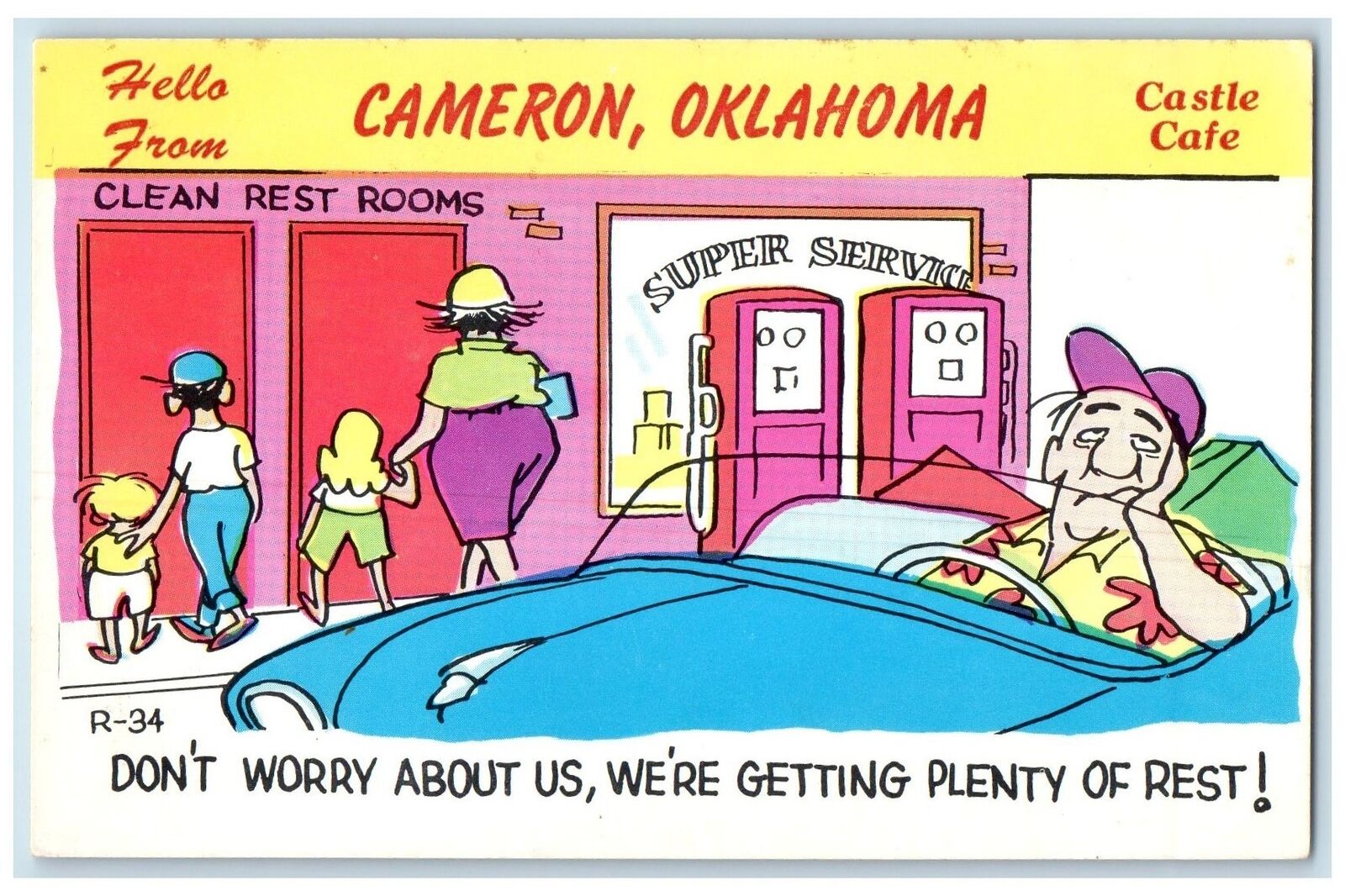 c1940's Hello From Castle Cafe Man In Car Cameron Oklahoma OK Unposted Postcard