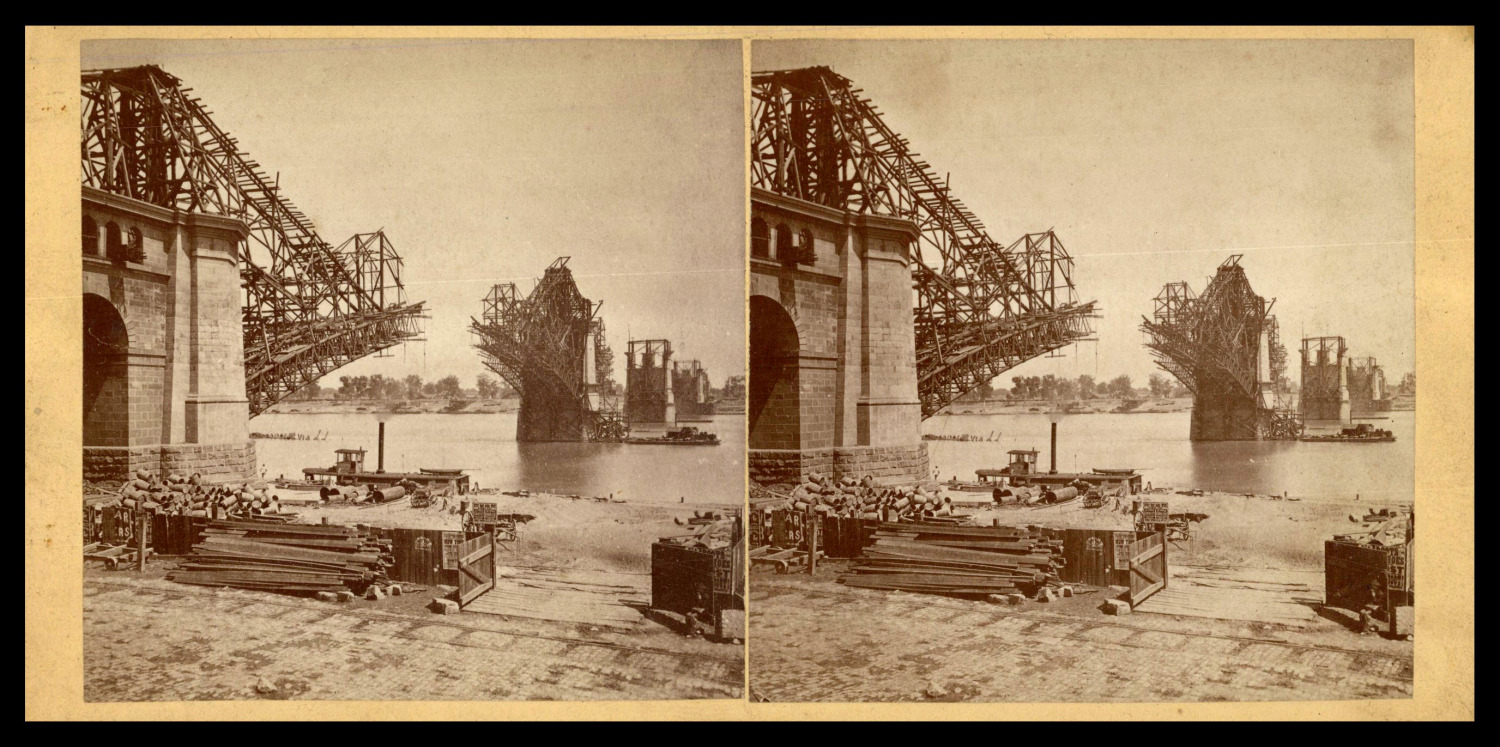 USA, St. Louis, Construction of a Bridge, ca.1875, Stereo Vintage Print st