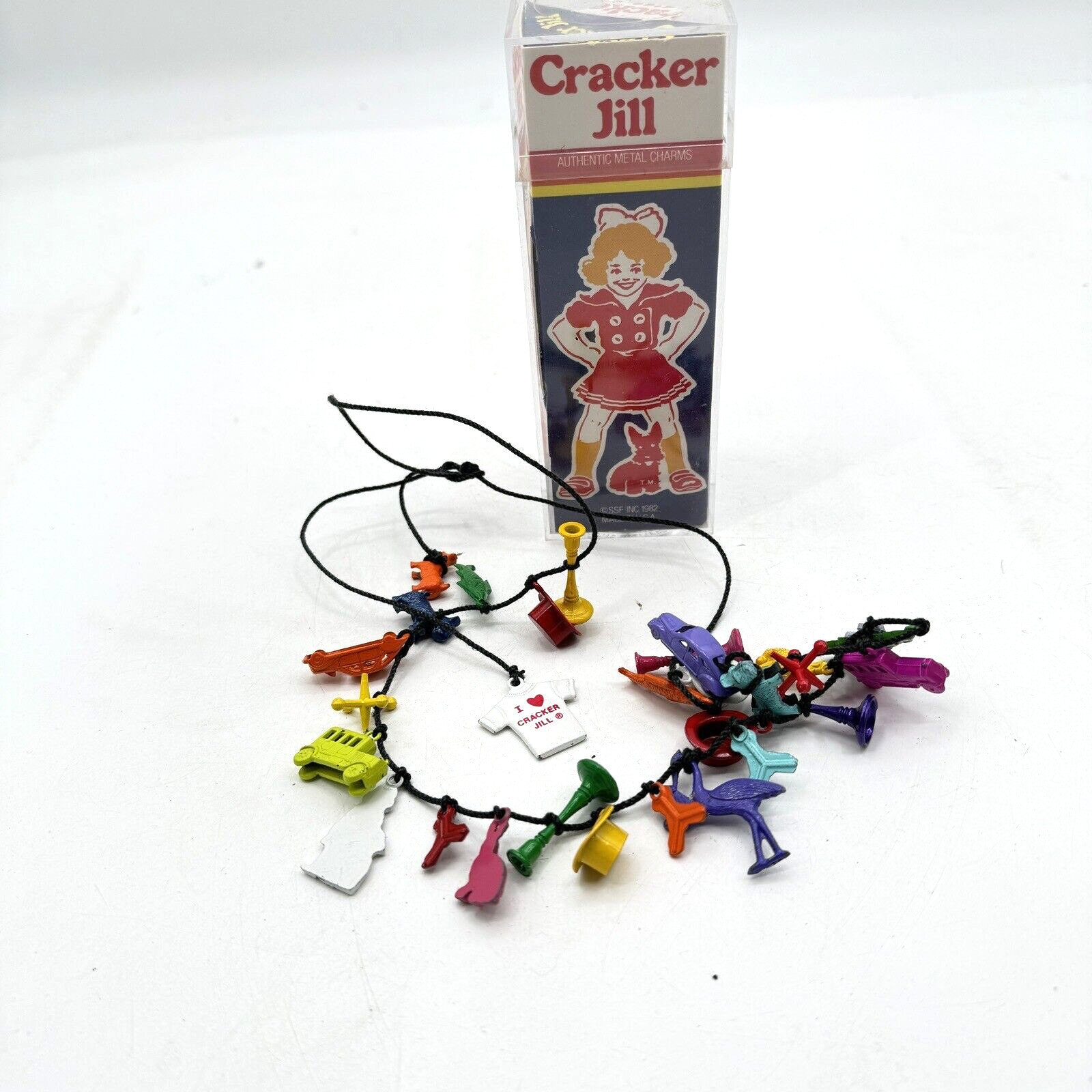 VTG 1982 Cracker Jill Authentic Die Cast Metal Necklace Multicolored 29 Charms