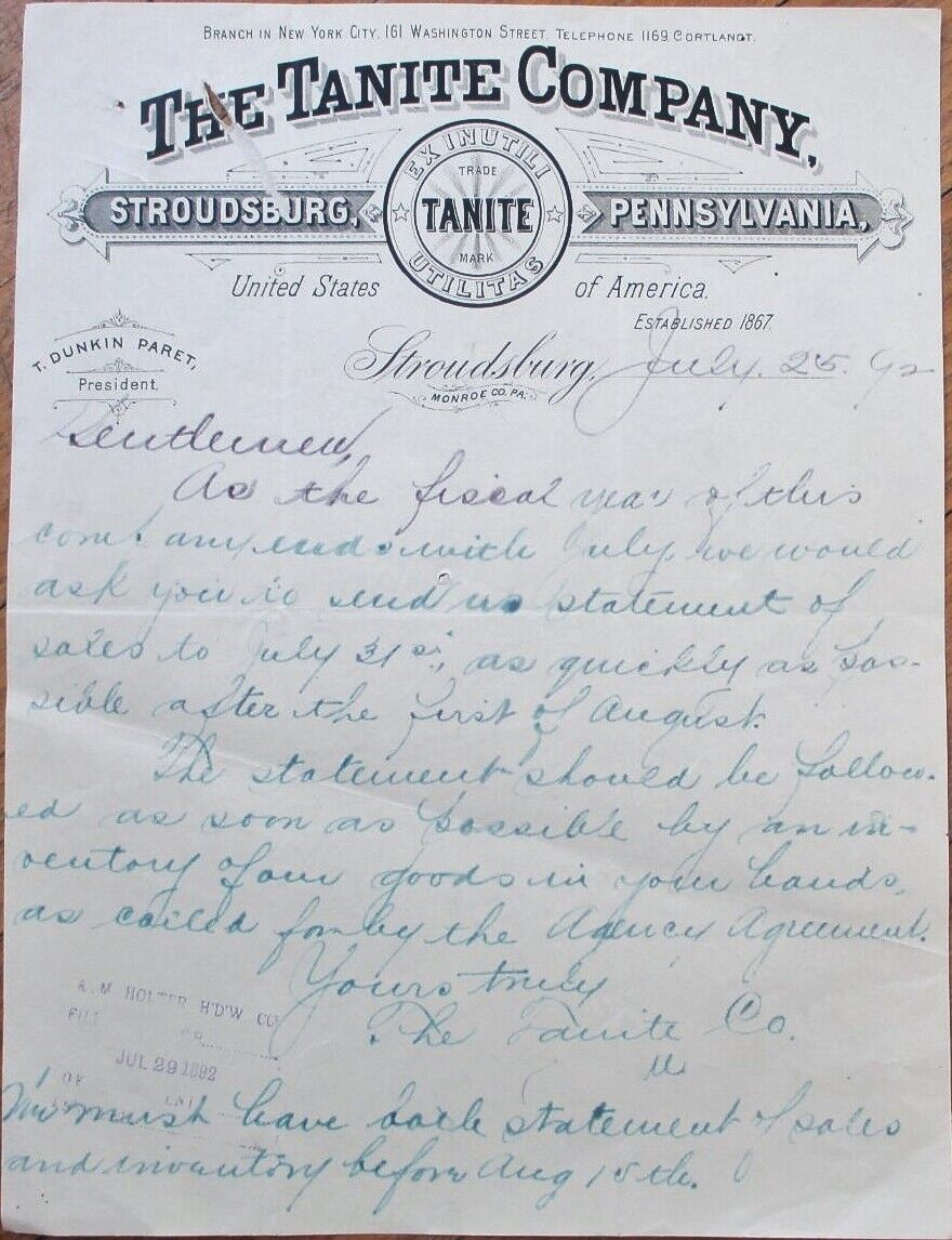 Stroudsburg, PA 1892 Letterhead: The Tantite Company - Pennsylvania Penn