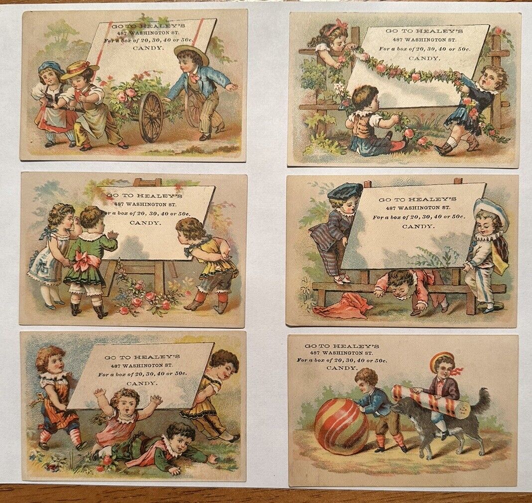 6 VICTORIAN TRADE CARDS HEALEY’S CANDY BOSTON MASSACHUSETTS KIDS PLAYING