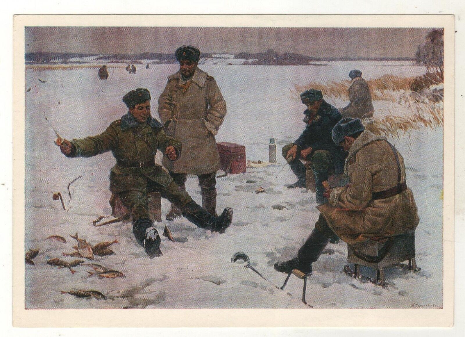 1977 Winter fishing Fish Soldiers Military ART OLD Soviet Russian Postcard