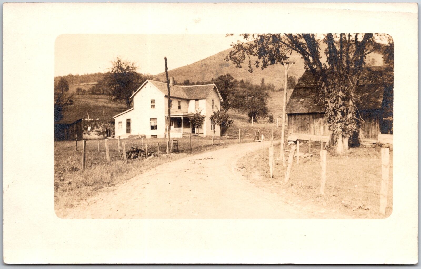 Countryside Home Rural Road Trees & Mountains Antique RPPC Photo Postcard