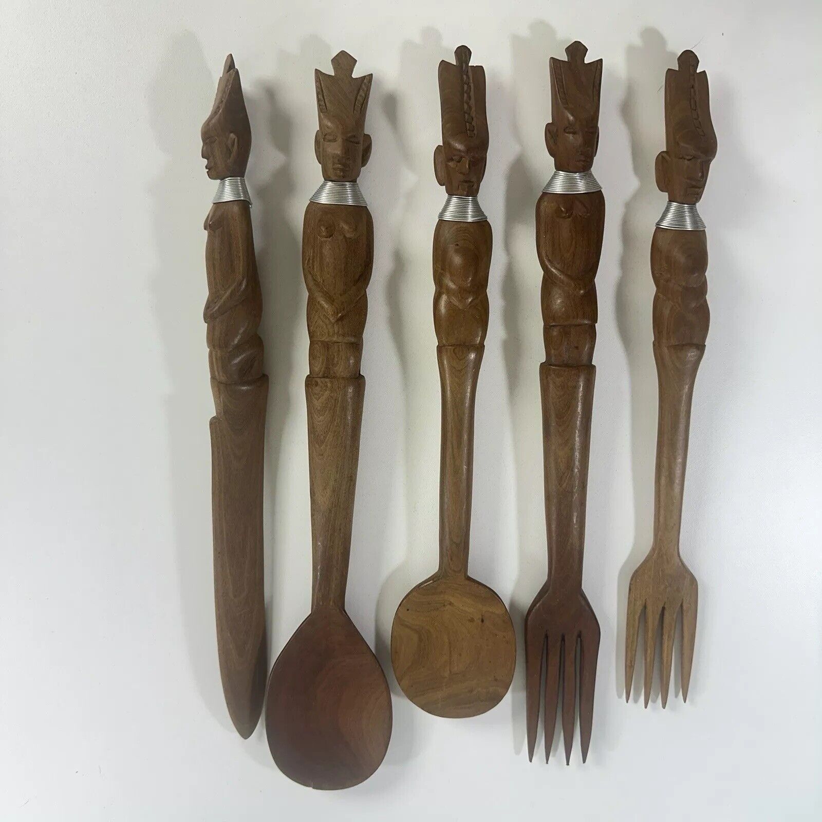Vtg Polynesian Large Solid Wood Carved Facial Heads Salad Spoon Fork Kitchen 15\