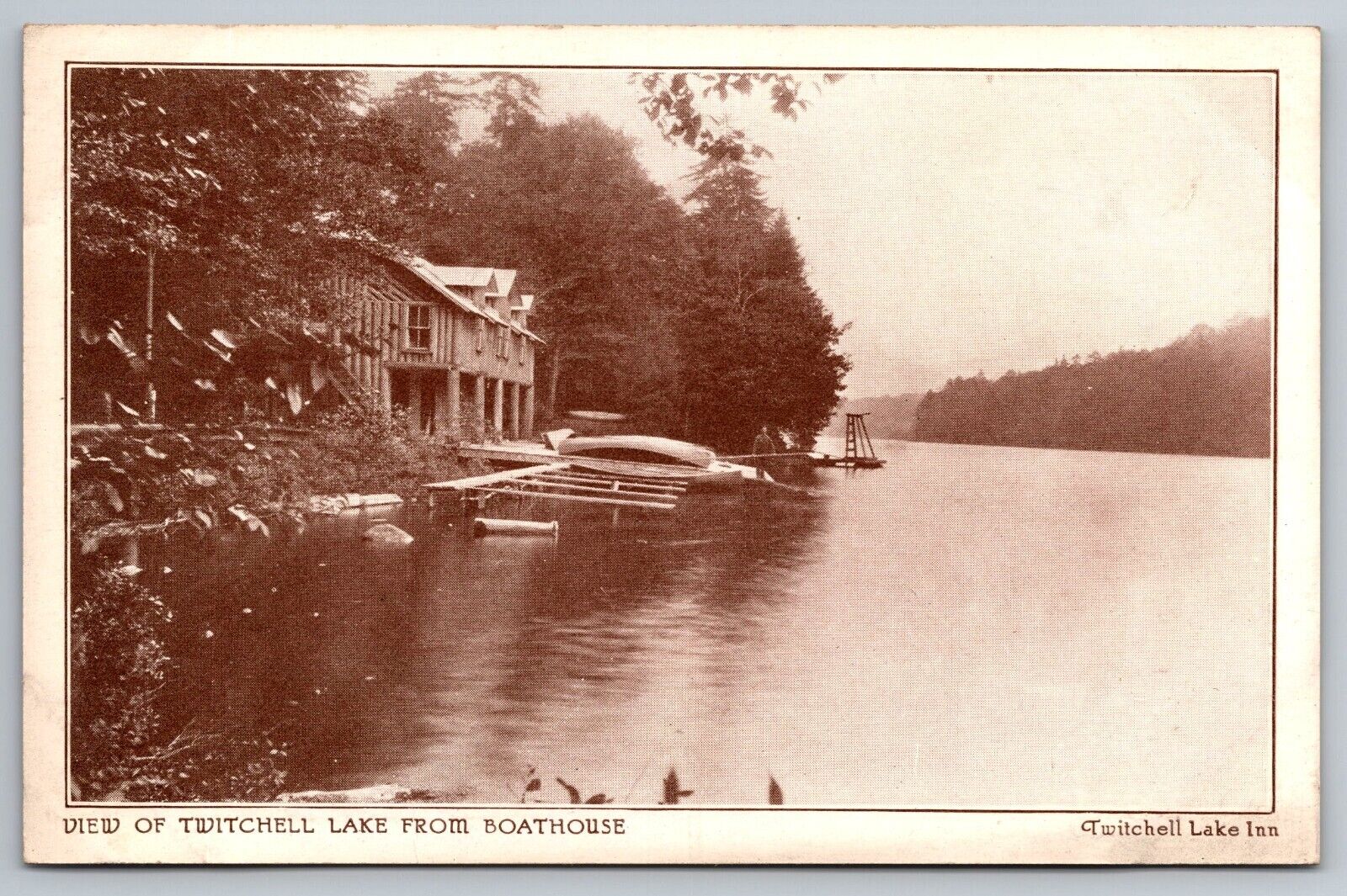 View of Twitchell Lake From Boathouse. Big Moose New York Vintage Postcard