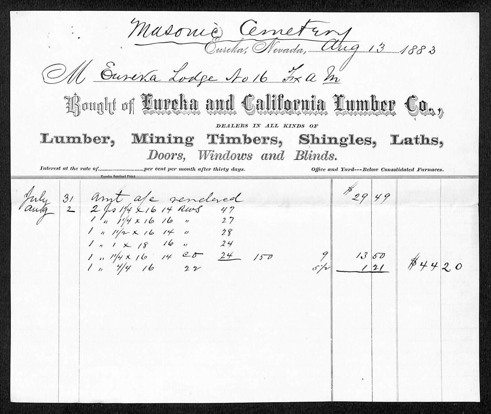 Eureka and California Lumber Co Nevada 1883 Billhead Mining Timbers - VGC Scarce