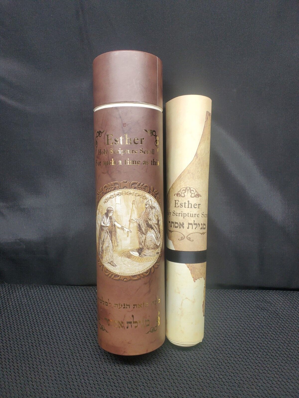 Esther Holy Scripture Scroll Illustrated Original Canister In English and Hebrew