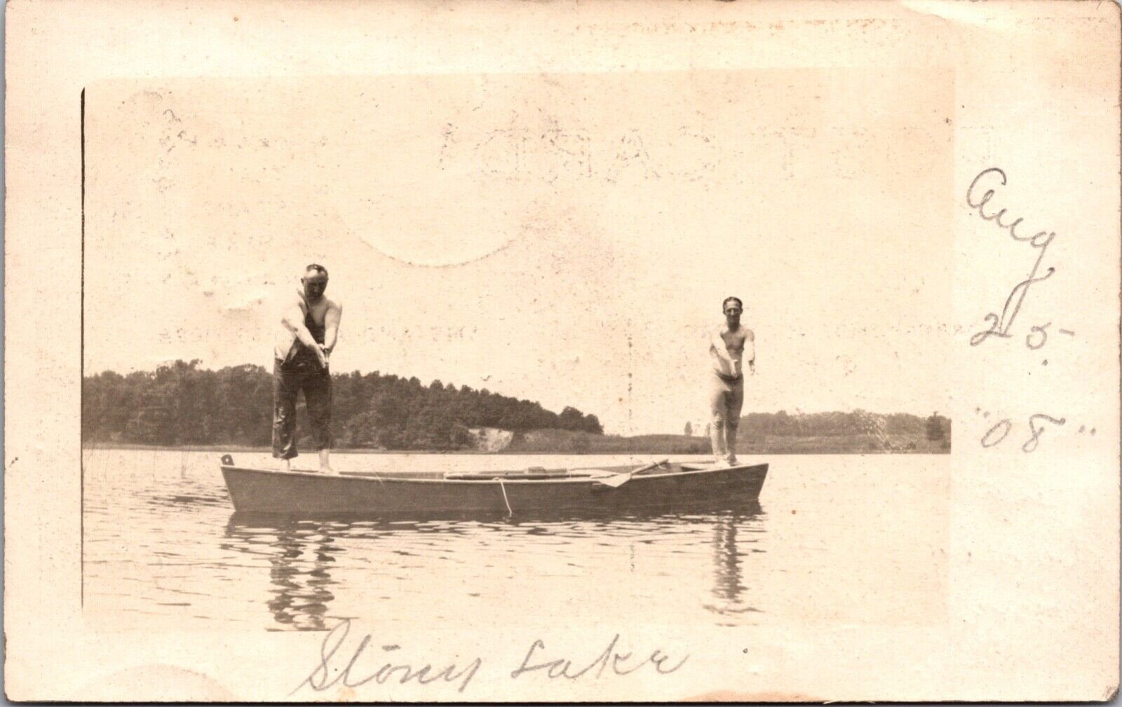Real Photo  Postcard Two Men Fishing on Boat in Stony Lake, Michigan